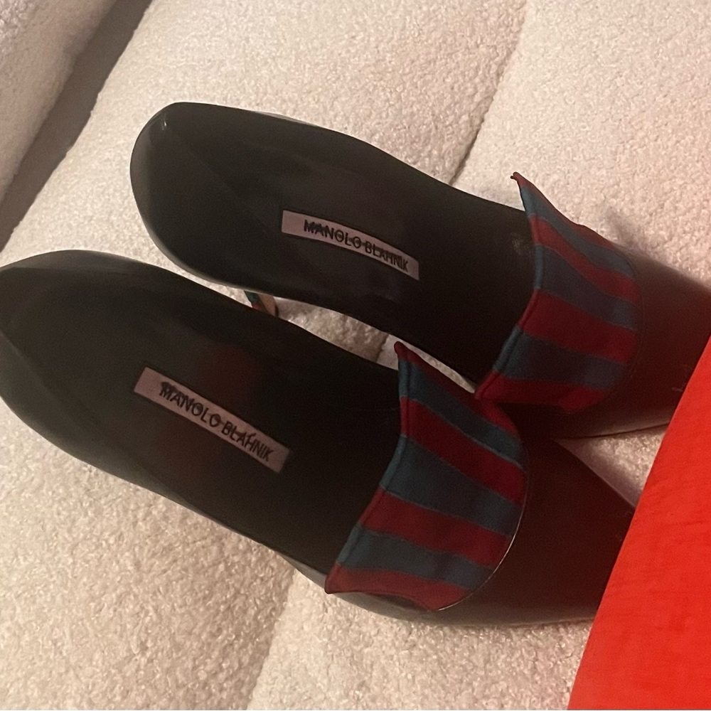 Manolo Blahnik Black Heels with Red and Blue Stripes - Picture 11 of 15
